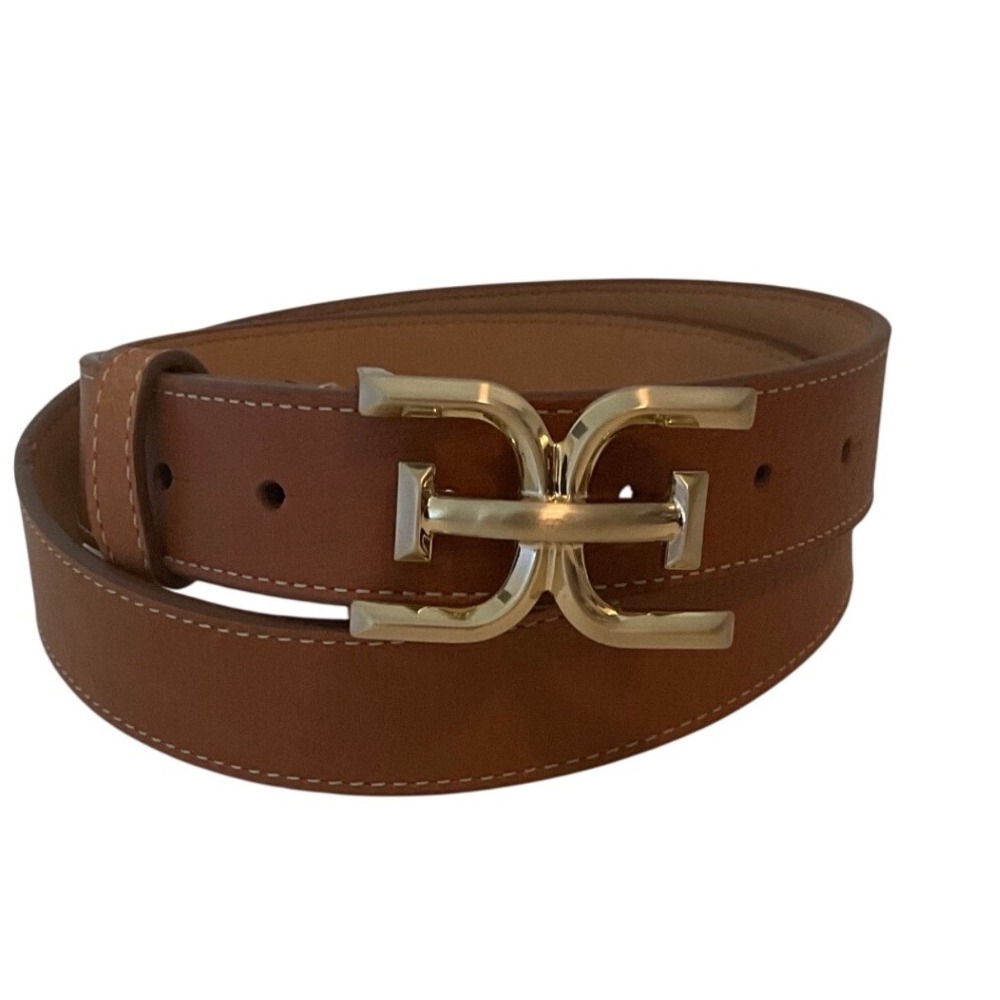 Sam Edelman Brown Leather Belt Gold Double E Logo Buckle Size M 13AM020002